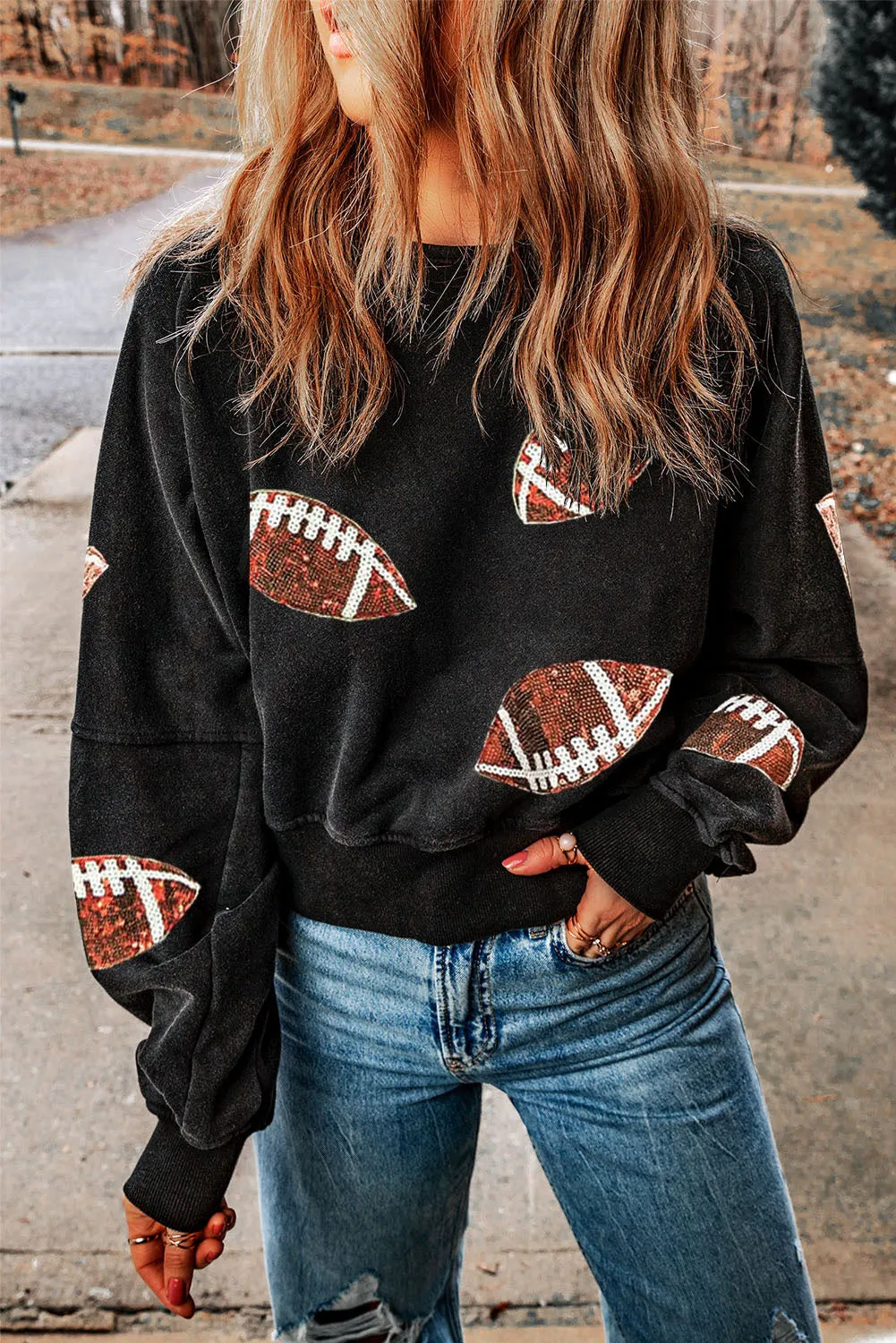 👀 Sequin Football Patch Open Back Sweatshirt: Where Sparkle Meets Sporty 🔥