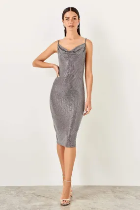 10935 Grey Cowl Neck Shimmer Slip Dress