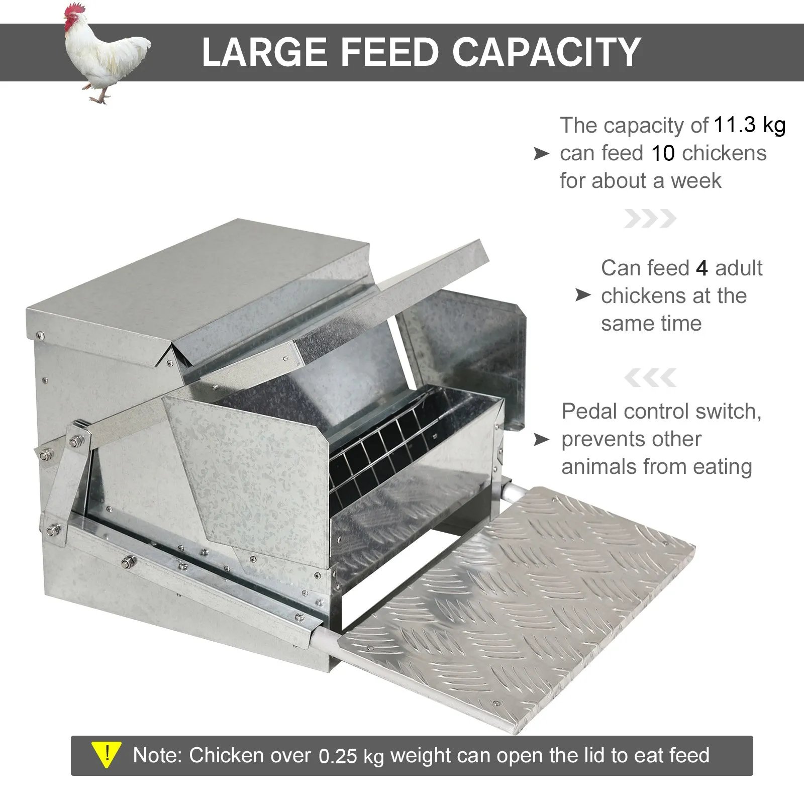 11.5kg Capacity Automatic Chicken Poultry Feeder with a Galvanized Steel and Aluminium Build, Weatherproof Design