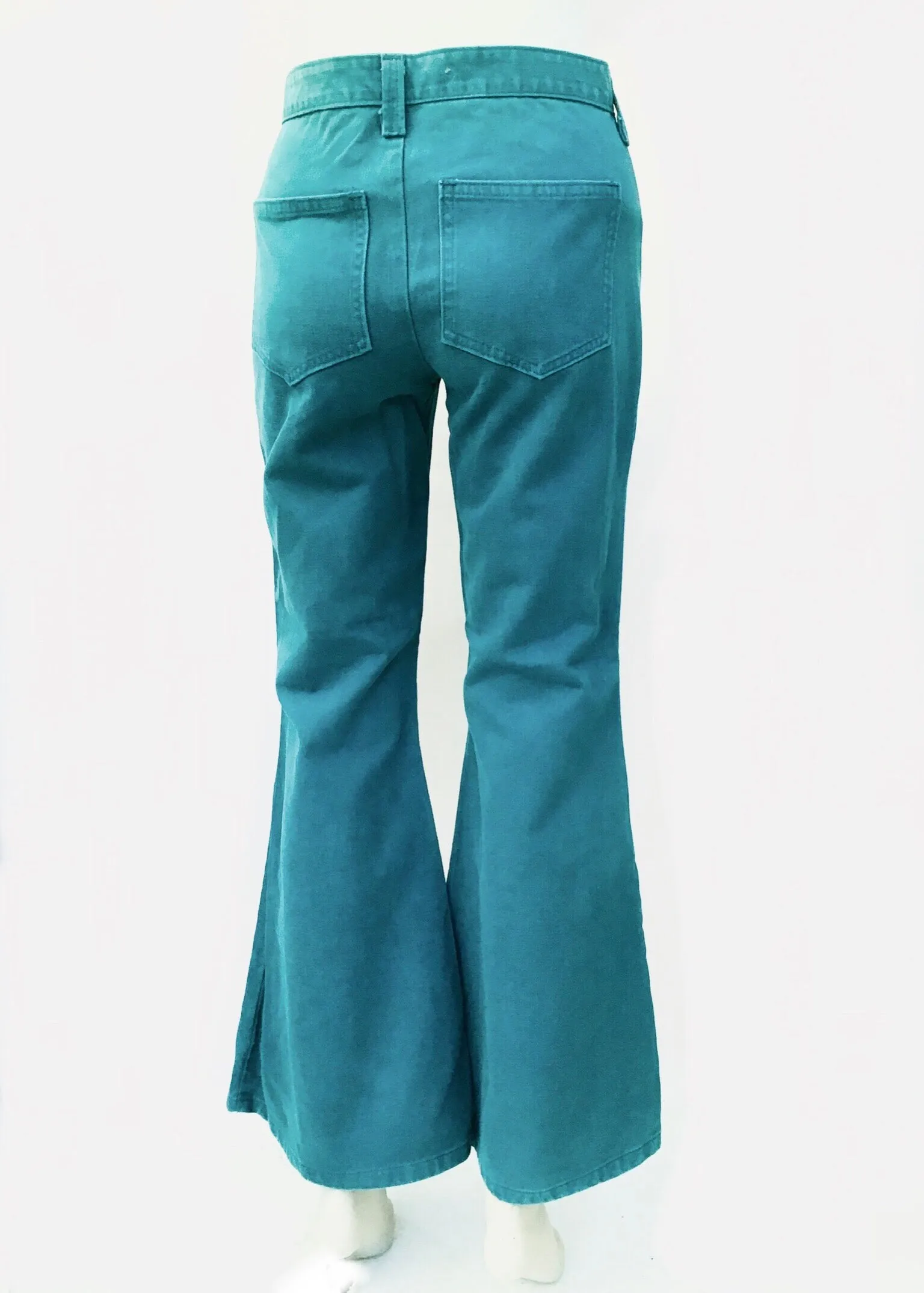 1970s Vintage Turquoise Elephant Bell Bottom Flared Jeans • HIgh Waist 28”W