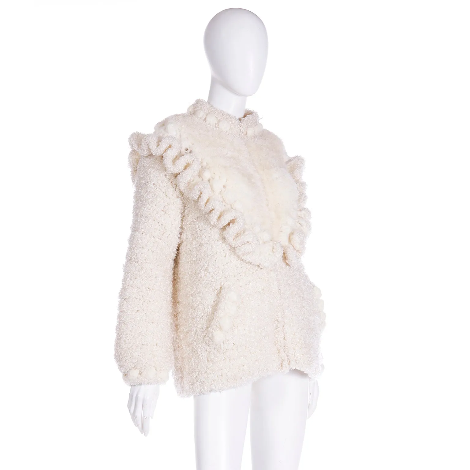 1980s Norma of Canada Chunky Knit Zip Front Cream Handknit Sweater