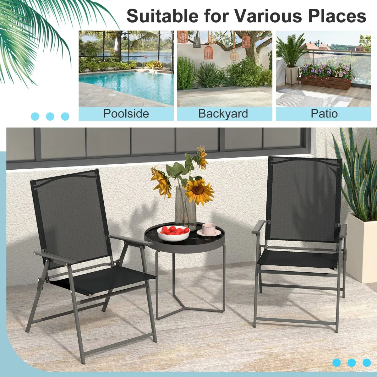 2 Piece Patio Folding Dining Chair Set with Weather-resistant Fabric-Black