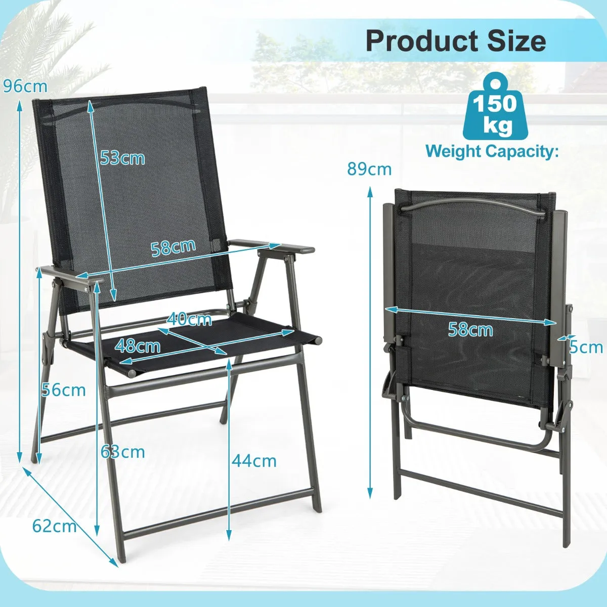 2 Piece Patio Folding Dining Chair Set with Weather-resistant Fabric-Black