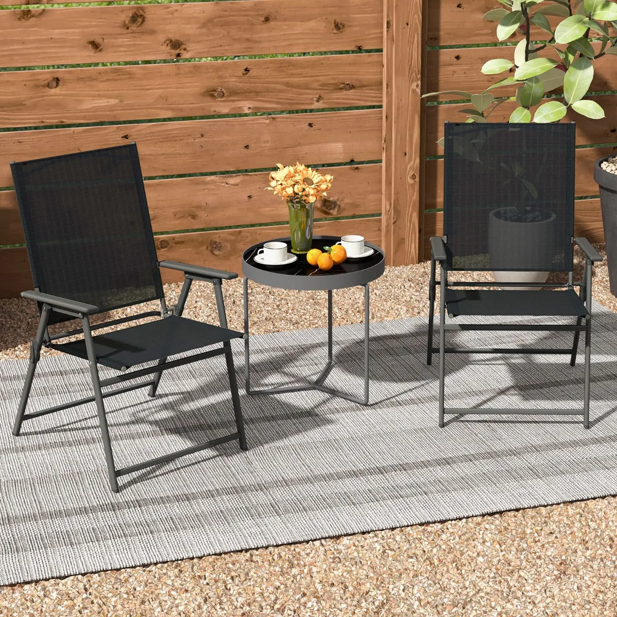 2 Piece Patio Folding Dining Chair Set with Weather-resistant Fabric-Black