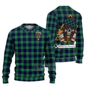 Abercrombie Tartan Ugly Sweater with Family Crest and Bearded Skull Holding Bottles of Whiskey