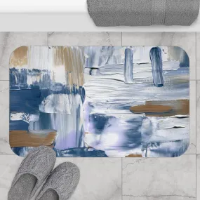 Abstract Bath, Kitchen Floor Mat | Indigo Pale Blue, White Beige Brown