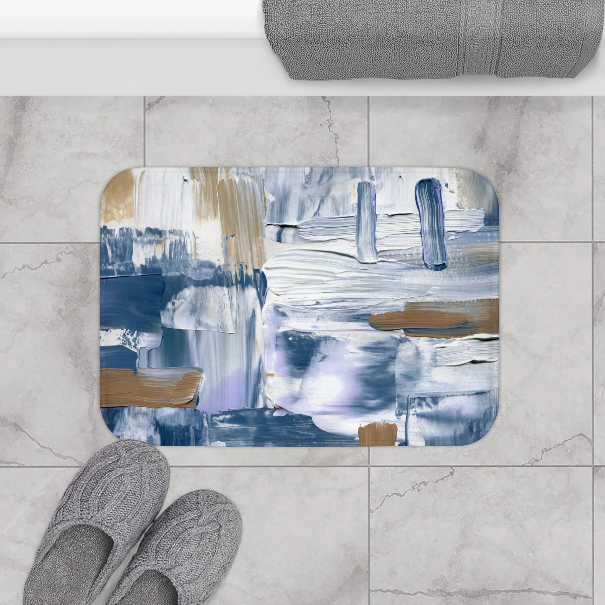 Abstract Bath, Kitchen Floor Mat | Indigo Pale Blue, White Beige Brown