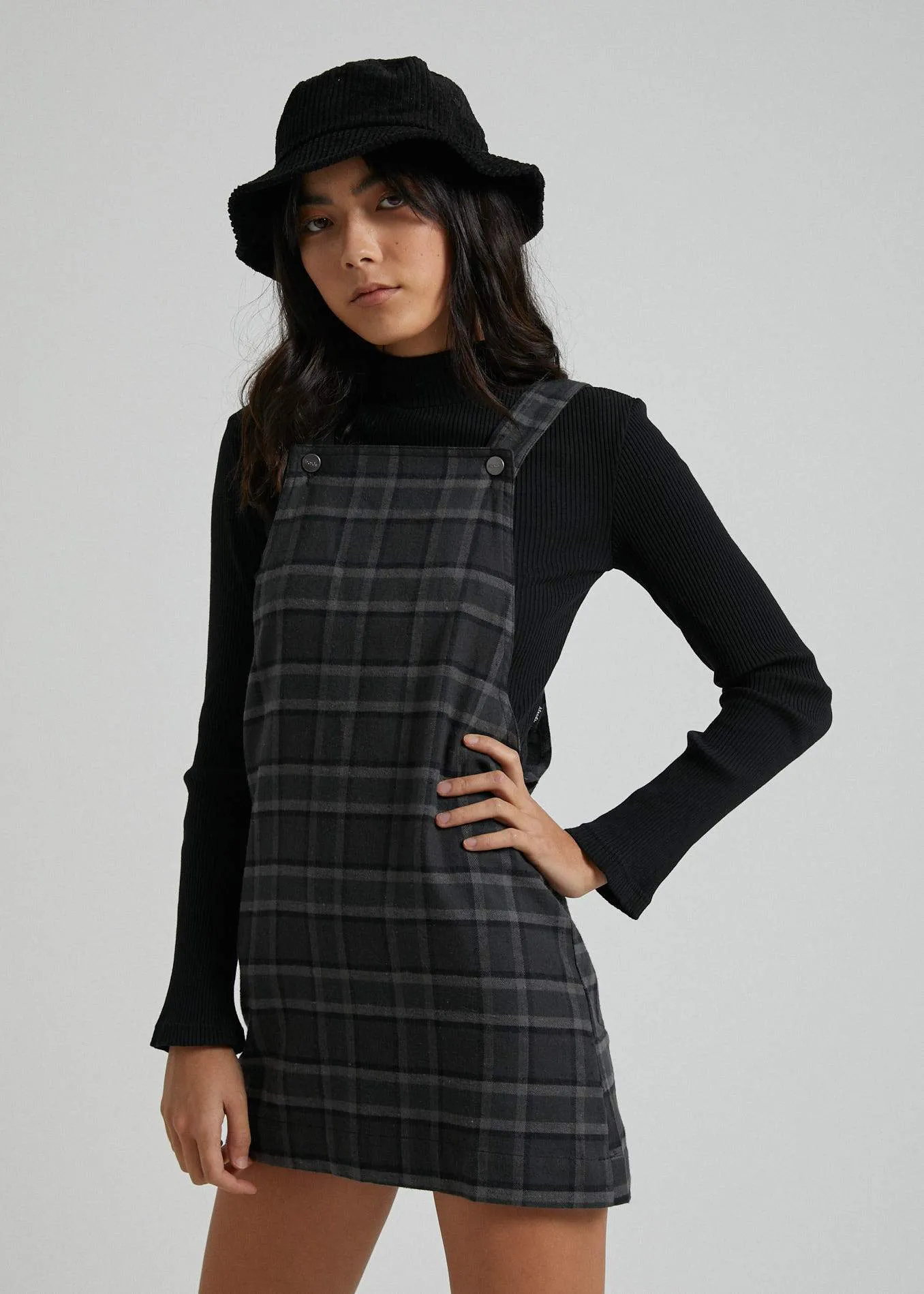 Afends Womens Alice - Hemp Check Pinafore - Gunmetal