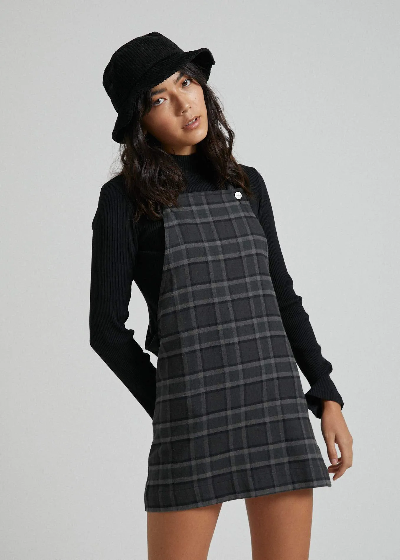 Afends Womens Alice - Hemp Check Pinafore - Gunmetal