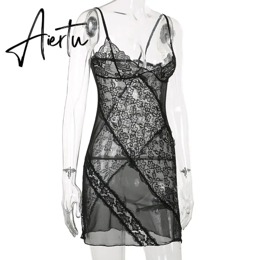 Aiertu Lace Patchwork Sexy Slip Party Dresses For Women Goth Aesthetic Fairycore Rave Outfits Sleeveless V Neck Grunge Dress