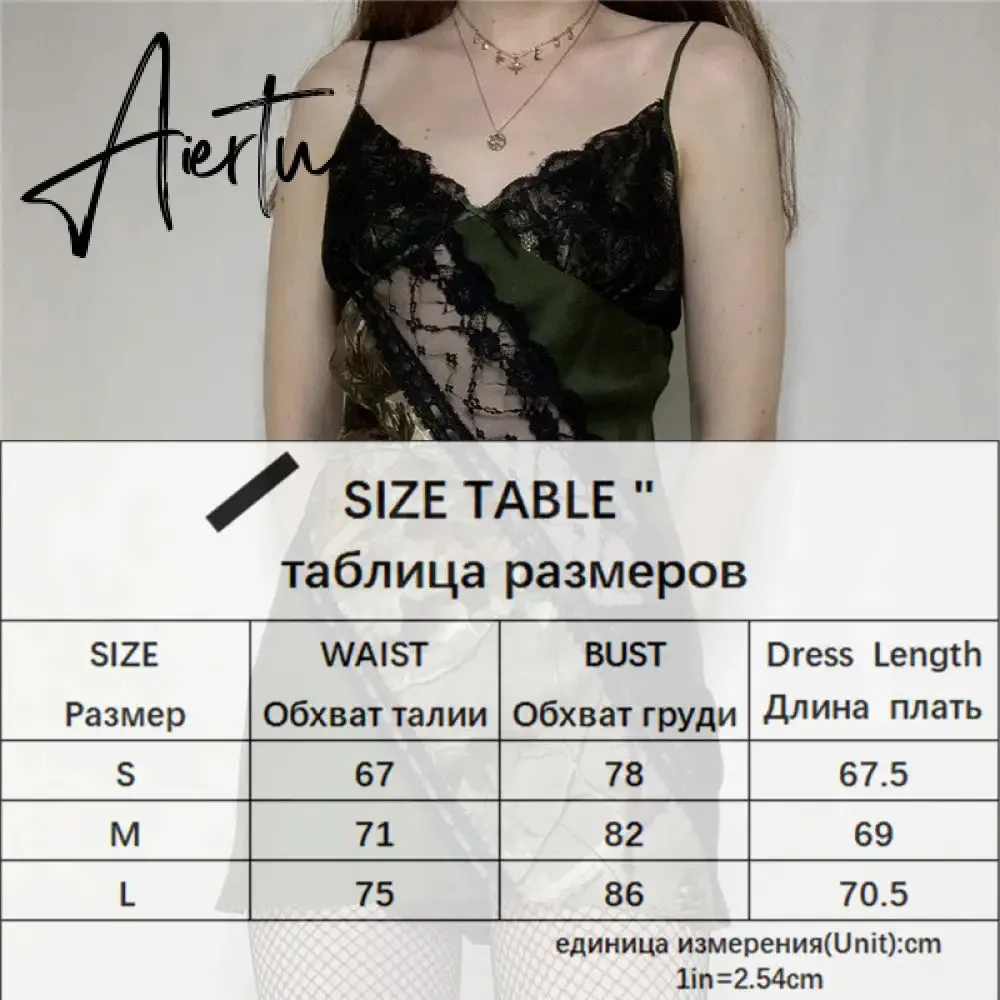 Aiertu Lace Patchwork Sexy Slip Party Dresses For Women Goth Aesthetic Fairycore Rave Outfits Sleeveless V Neck Grunge Dress