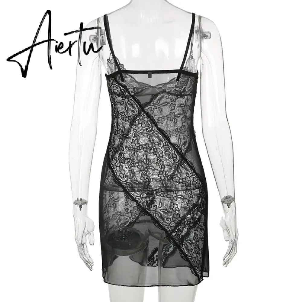 Aiertu Lace Patchwork Sexy Slip Party Dresses For Women Goth Aesthetic Fairycore Rave Outfits Sleeveless V Neck Grunge Dress