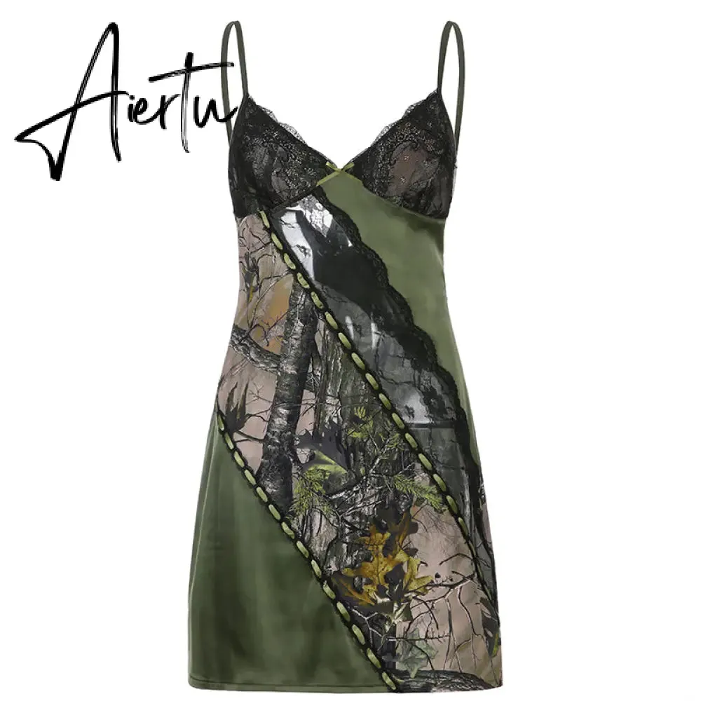 Aiertu Lace Patchwork Sexy Slip Party Dresses For Women Goth Aesthetic Fairycore Rave Outfits Sleeveless V Neck Grunge Dress