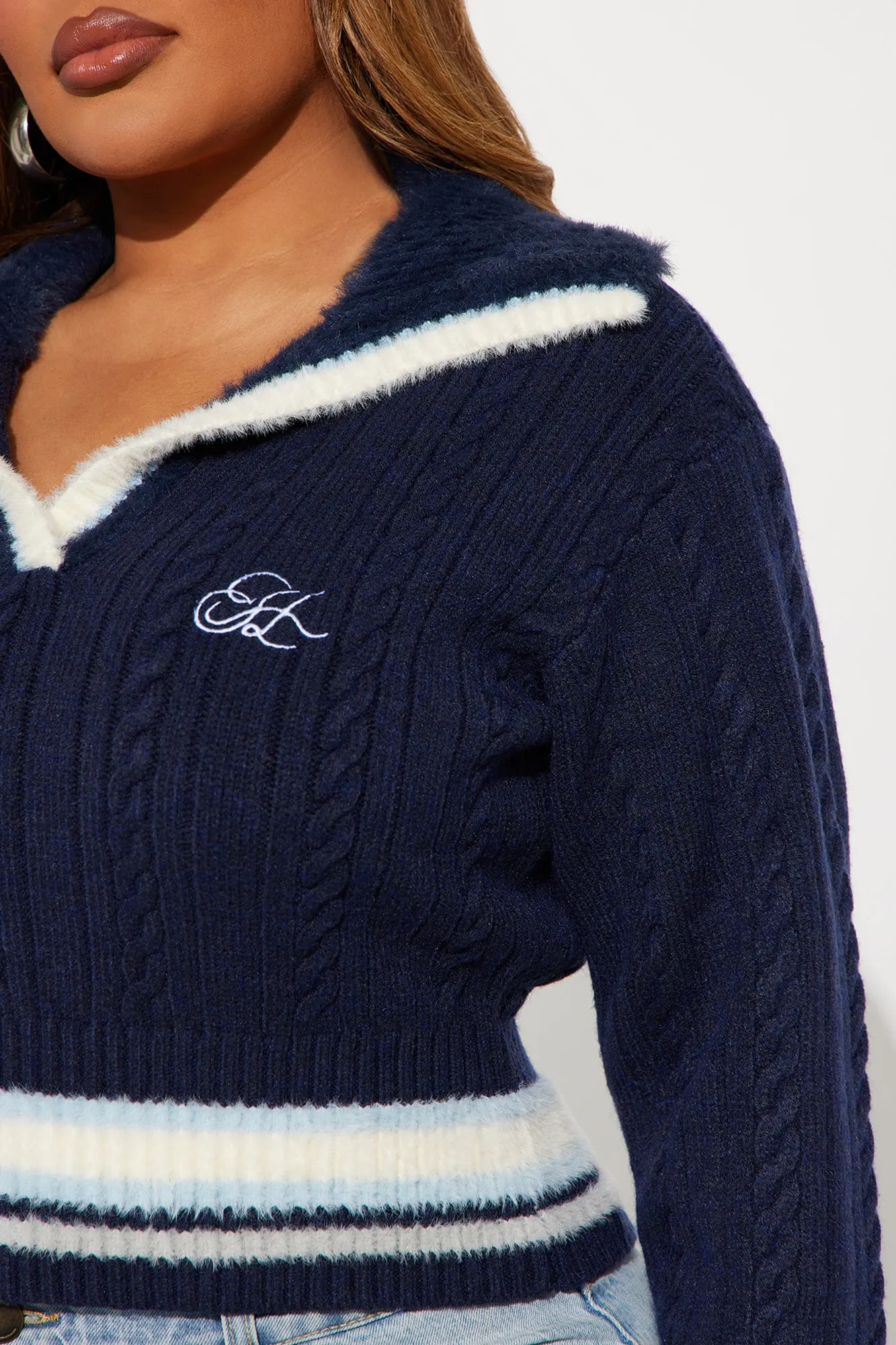 All The Gossip Varsity Polo Sweater - Navy/combo