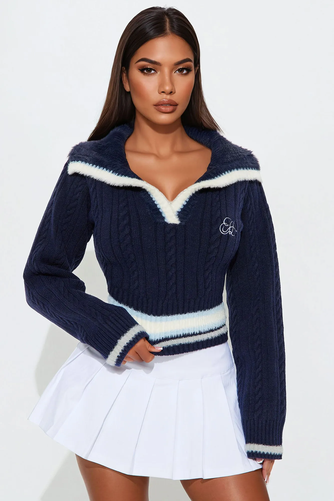 All The Gossip Varsity Polo Sweater - Navy/combo