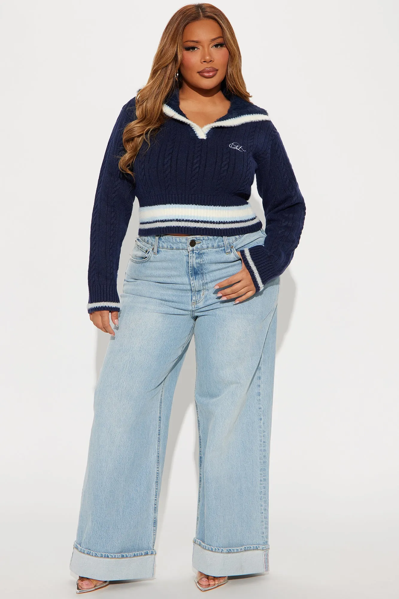 All The Gossip Varsity Polo Sweater - Navy/combo