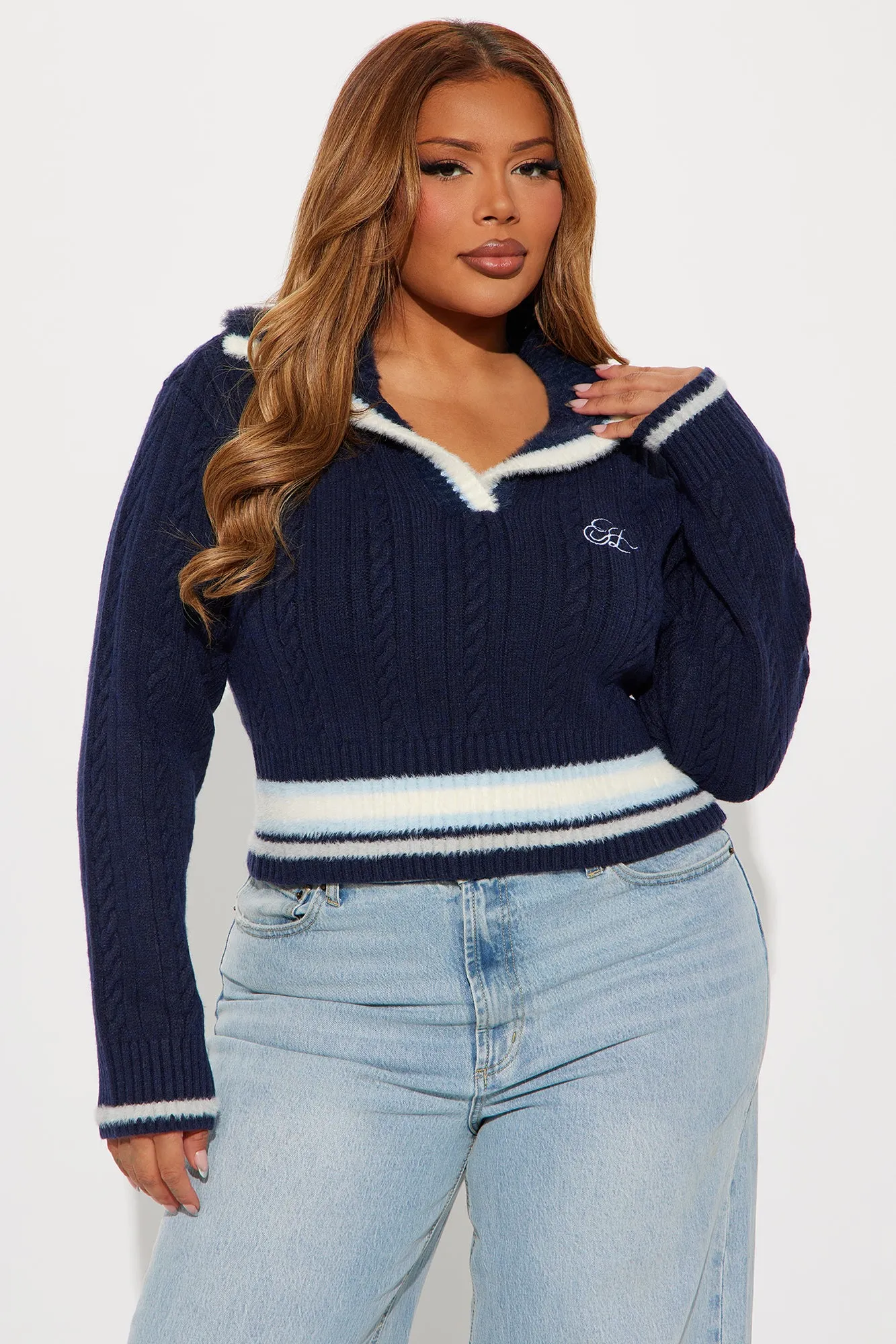 All The Gossip Varsity Polo Sweater - Navy/combo