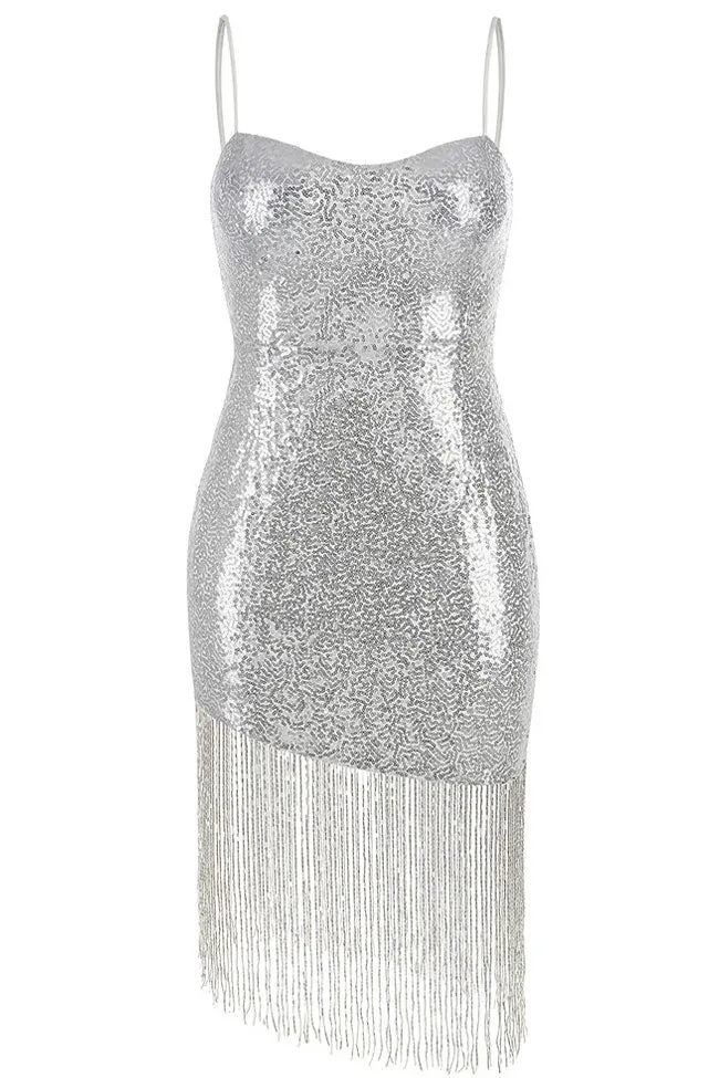 Amozae-hoco dresses -Swingy Fringe Sweetheart Spaghetti Strap Sequin Mini Dress - Silver