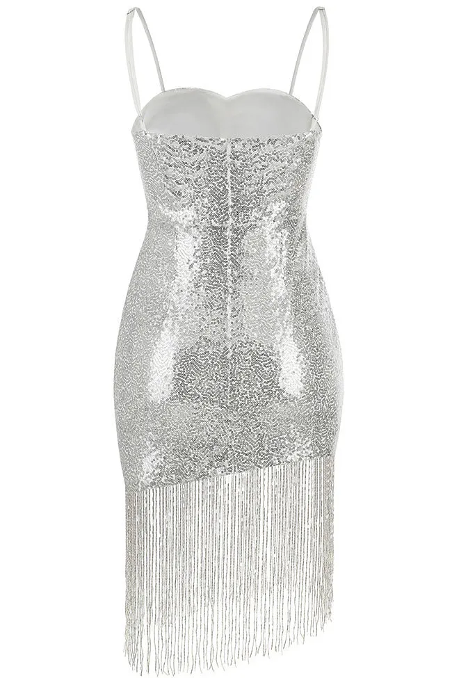 Amozae-hoco dresses -Swingy Fringe Sweetheart Spaghetti Strap Sequin Mini Dress - Silver