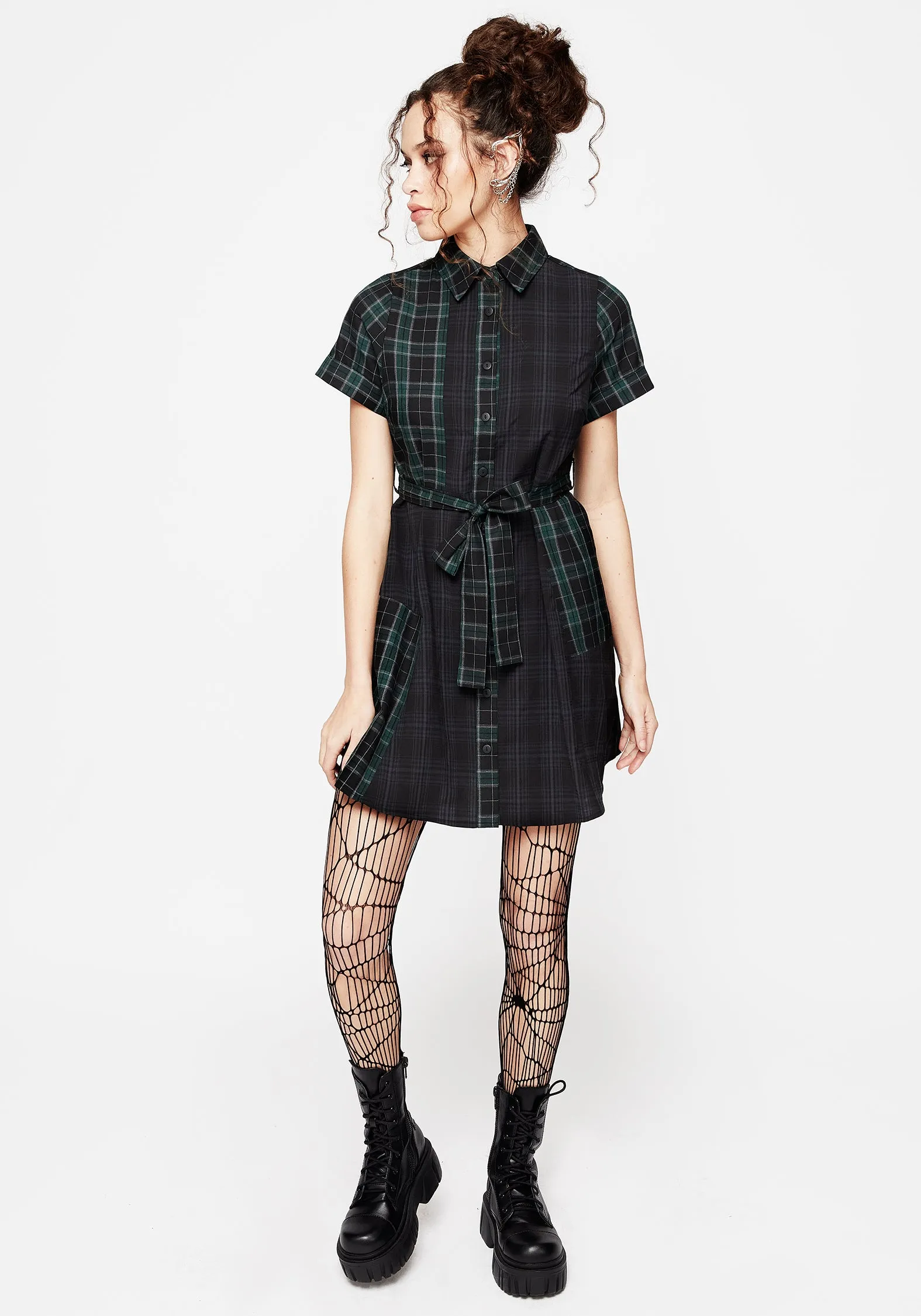 Analogue Check Cotton Mini Shirt Dress