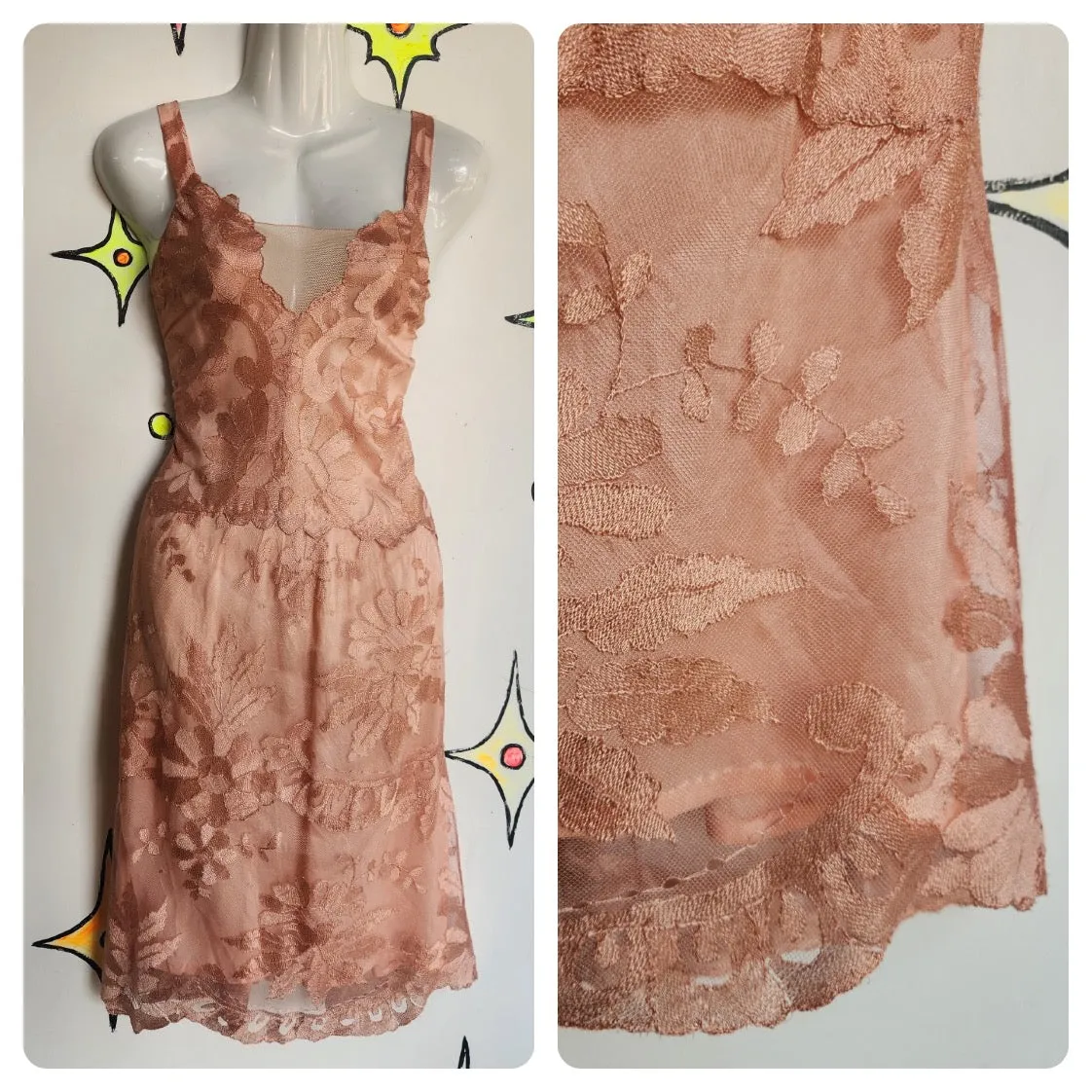 Antique Early 1900s 20s 30s | Pink Fairy Grunge Lace Slip Dress | Size Small 4