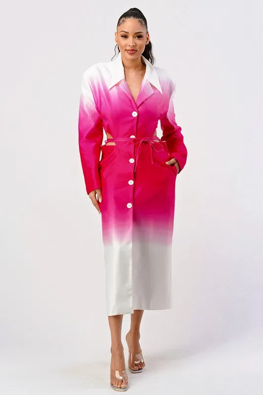 ATHINA Stylish White/Pink Color gradient Trench Dress Coat with front buttons