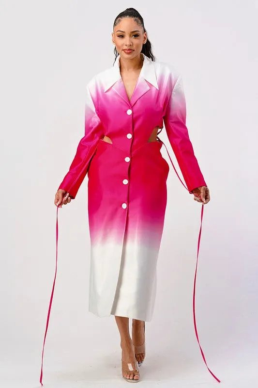 ATHINA Stylish White/Pink Color gradient Trench Dress Coat with front buttons