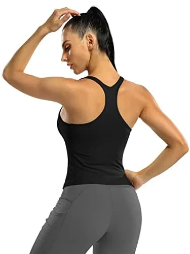 ATTRACO Women Black Workout Cropped Tops with Built in Bra Ribbed Tank Tops Slim Fit