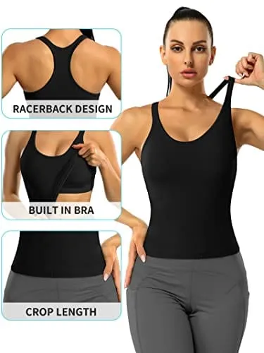 ATTRACO Women Black Workout Cropped Tops with Built in Bra Ribbed Tank Tops Slim Fit