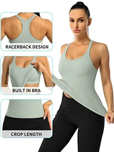 ATTRACO Women Seamless Workout Crop Tops Ribbed Athletic Tank with Built in Bra Green S