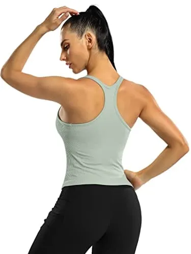 ATTRACO Women Seamless Workout Crop Tops Ribbed Athletic Tank with Built in Bra Green S