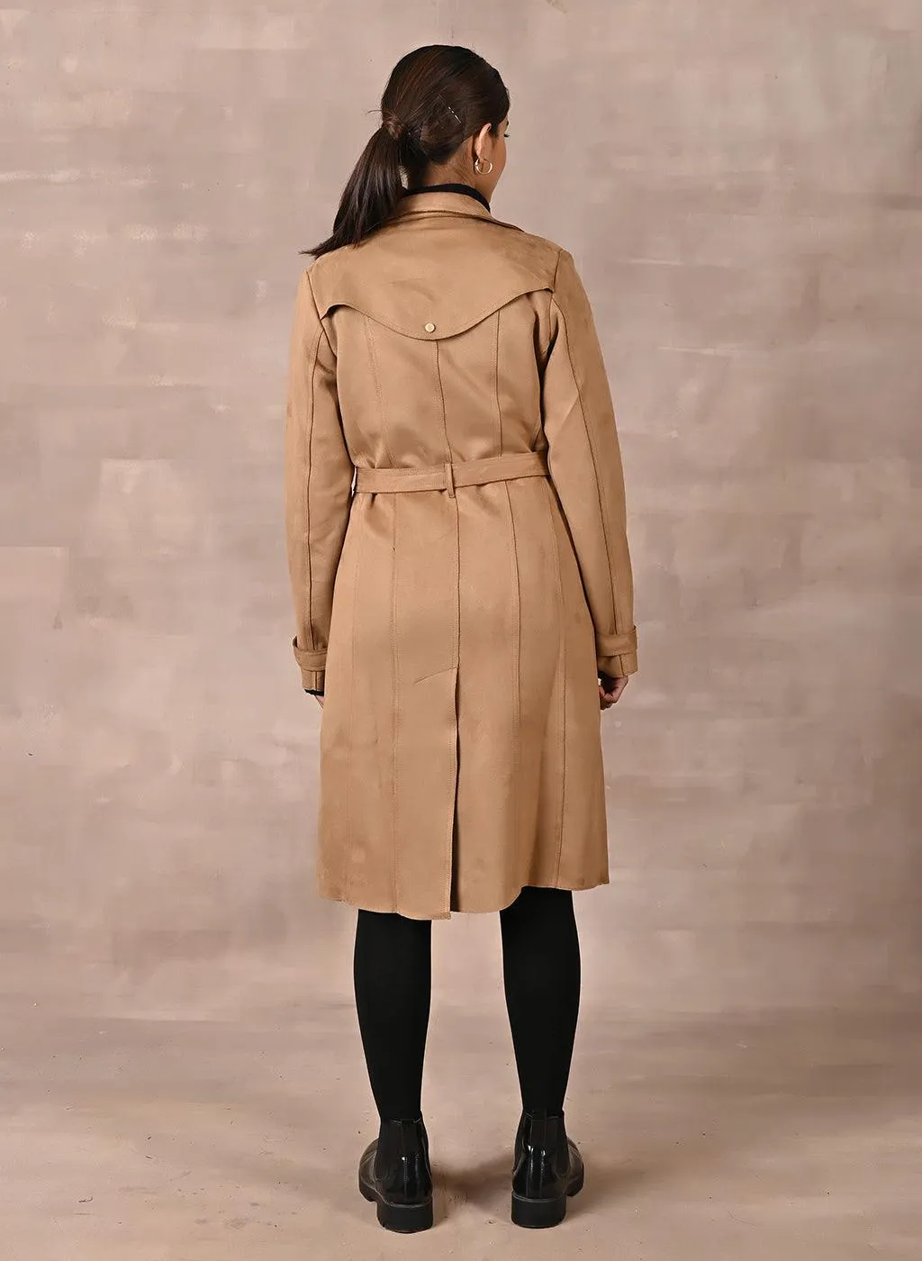 Beige Full Sleeve Tie Belt Trench Coat