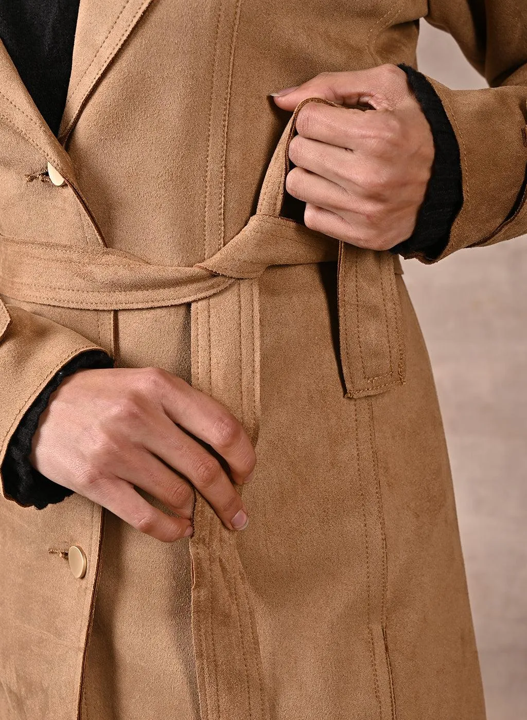 Beige Full Sleeve Tie Belt Trench Coat