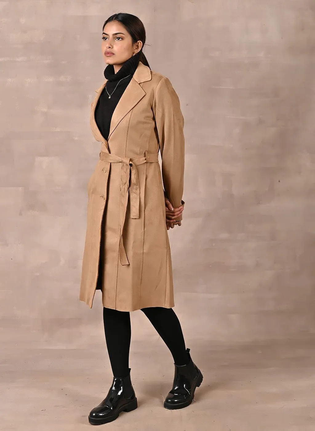 Beige Full Sleeve Tie Belt Trench Coat