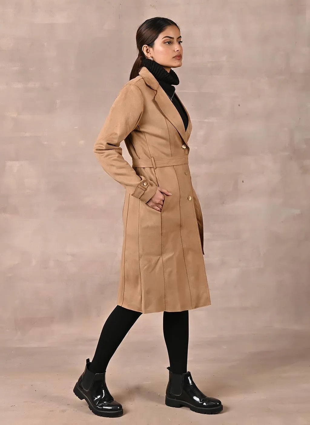 Beige Full Sleeve Tie Belt Trench Coat