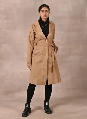 Beige Full Sleeve Tie Belt Trench Coat