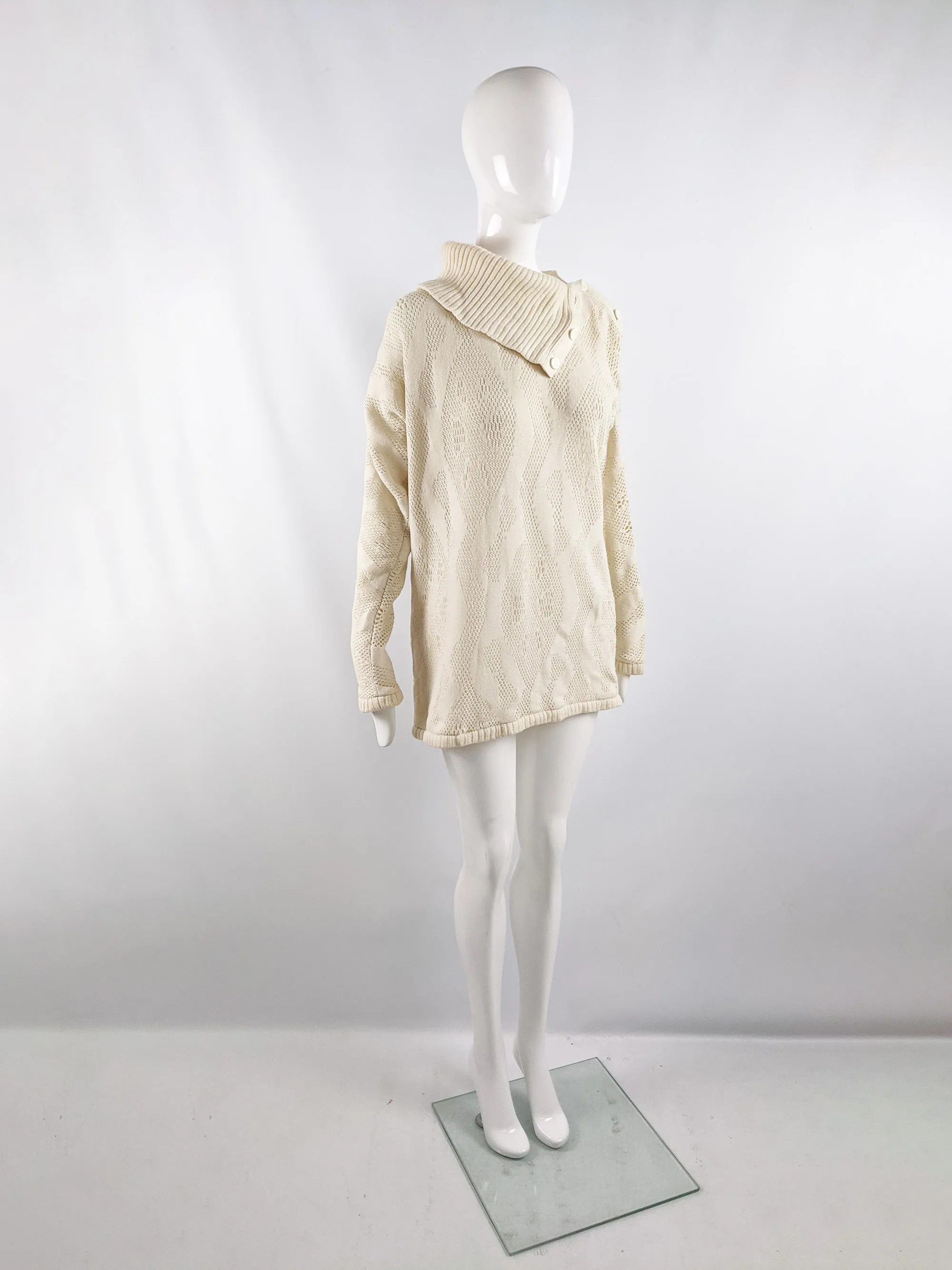 Bernard Perris Vintage Cream Textured Knit Split Polo Neck Jumper, 1980s