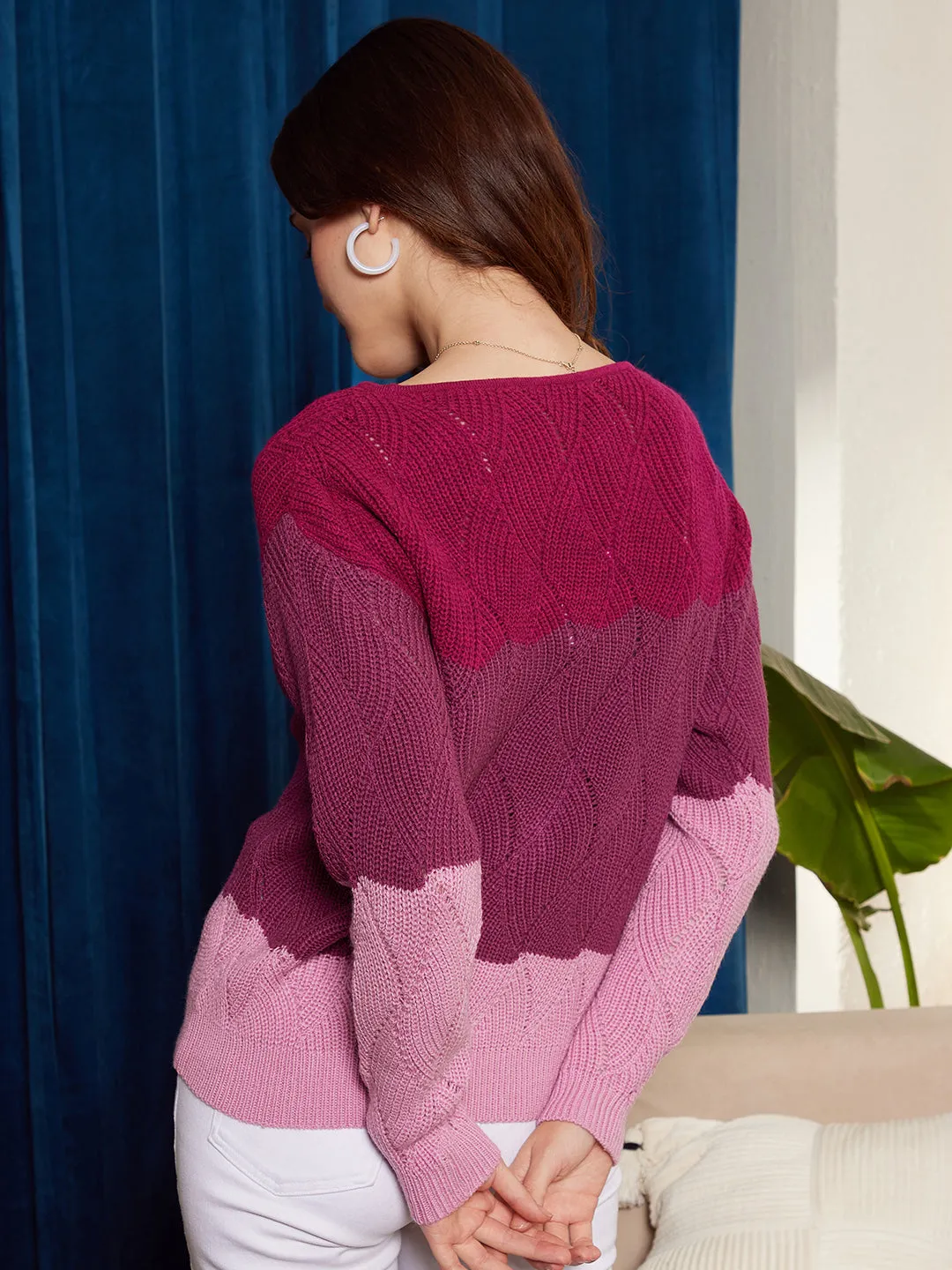 Berrylush Women Red, Maroon, & Pink Colourblocked Pattern Boat Neck Drop-Shoulder Sleeves Ribbed Hem Regular Sweater