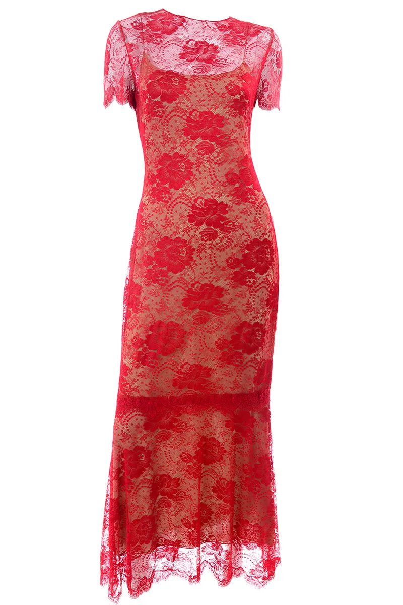 Bill Blass S/S 1997 Vintage Red Lace Evening Runway Dress With Layered Silk Slip