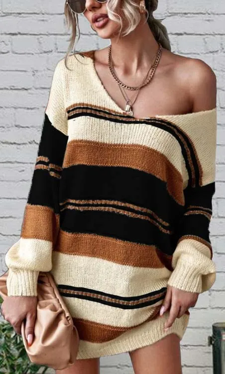 Black Deep V-neck Color Block Sweater