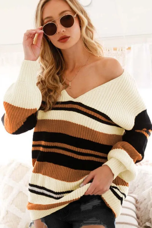 Black Deep V-neck Color Block Sweater