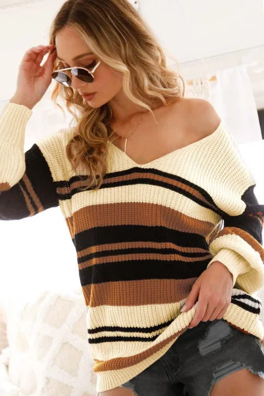 Black Deep V-neck Color Block Sweater