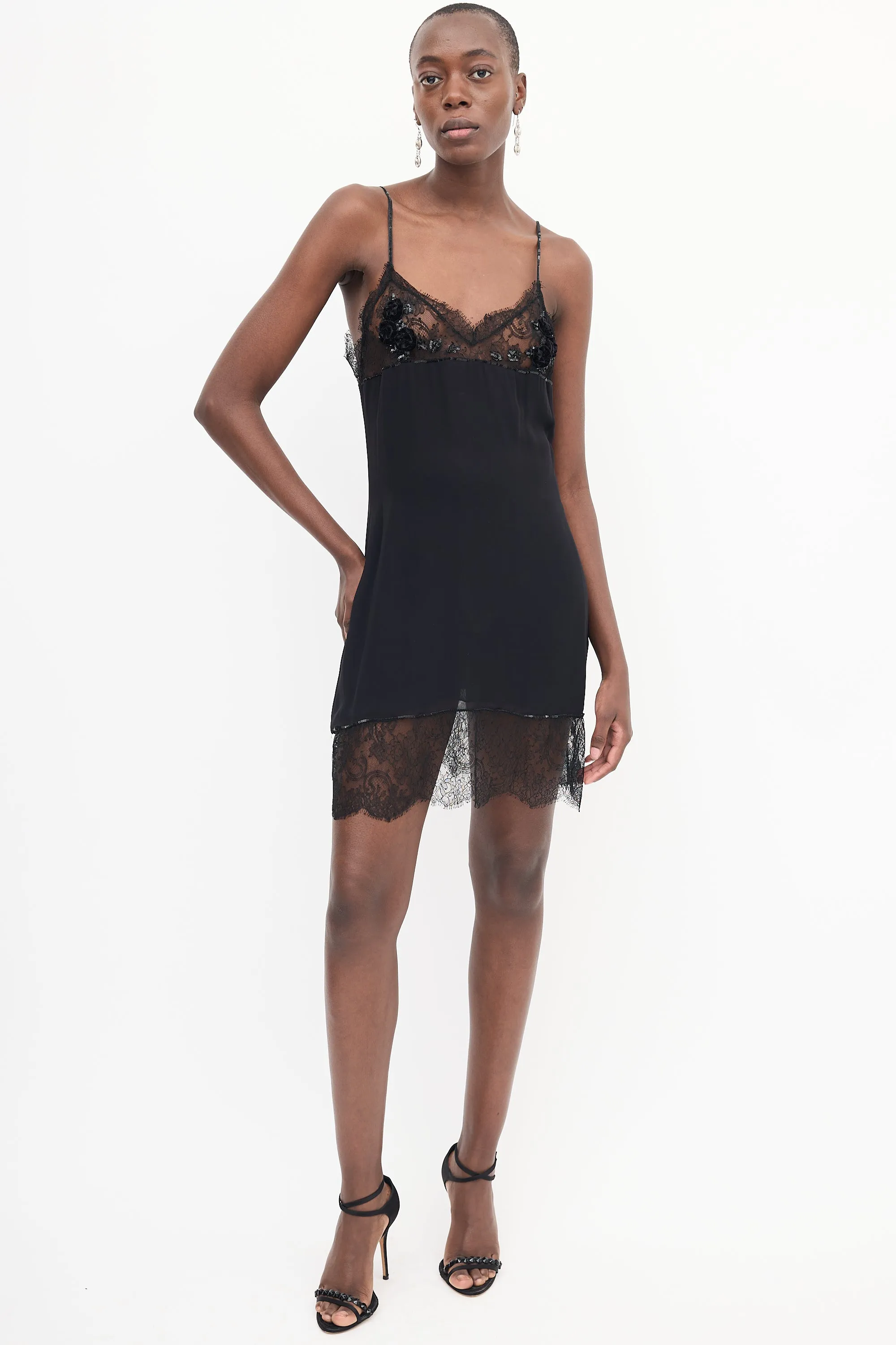 Black Lace Sequin Embellished Slip Dress