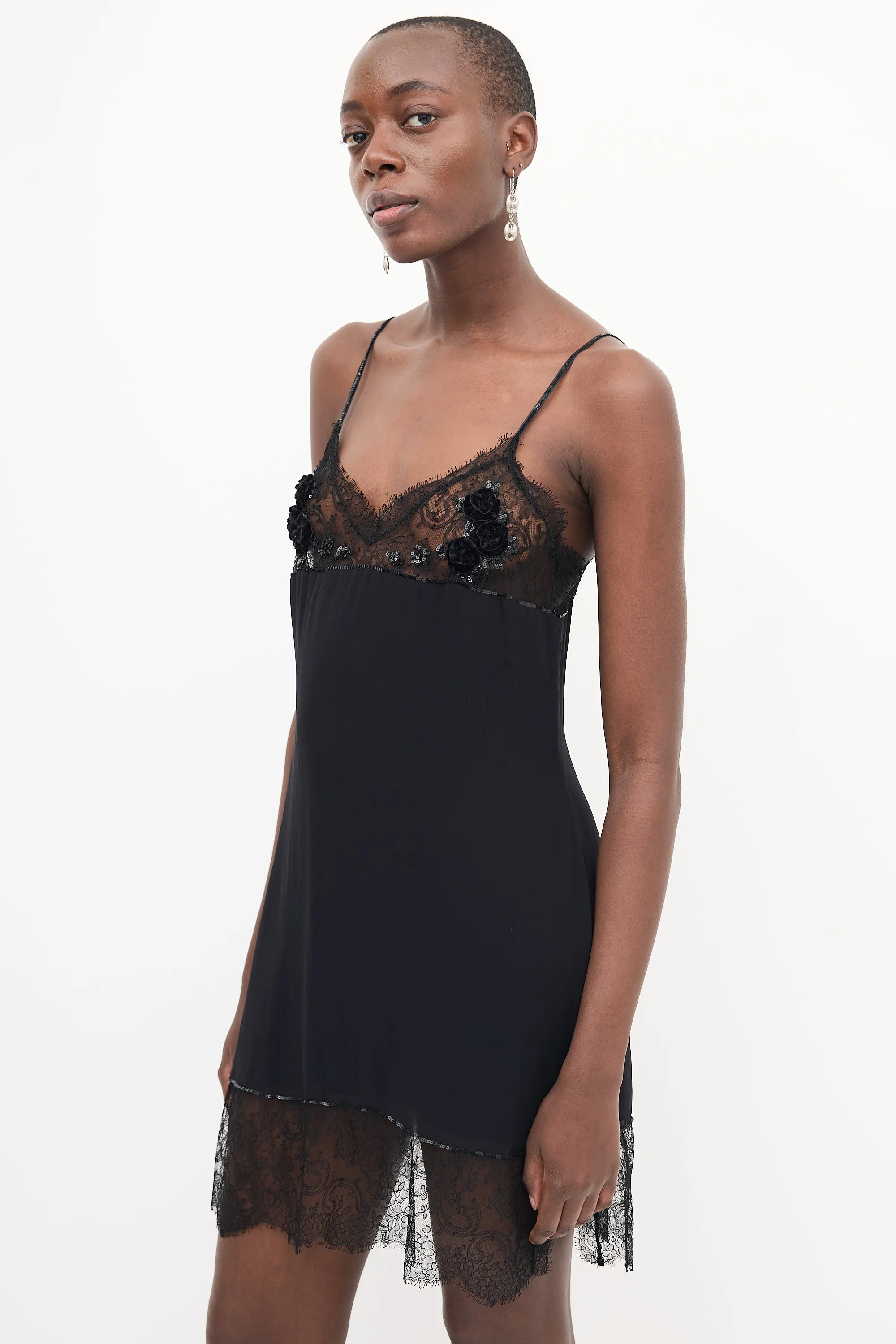 Black Lace Sequin Embellished Slip Dress