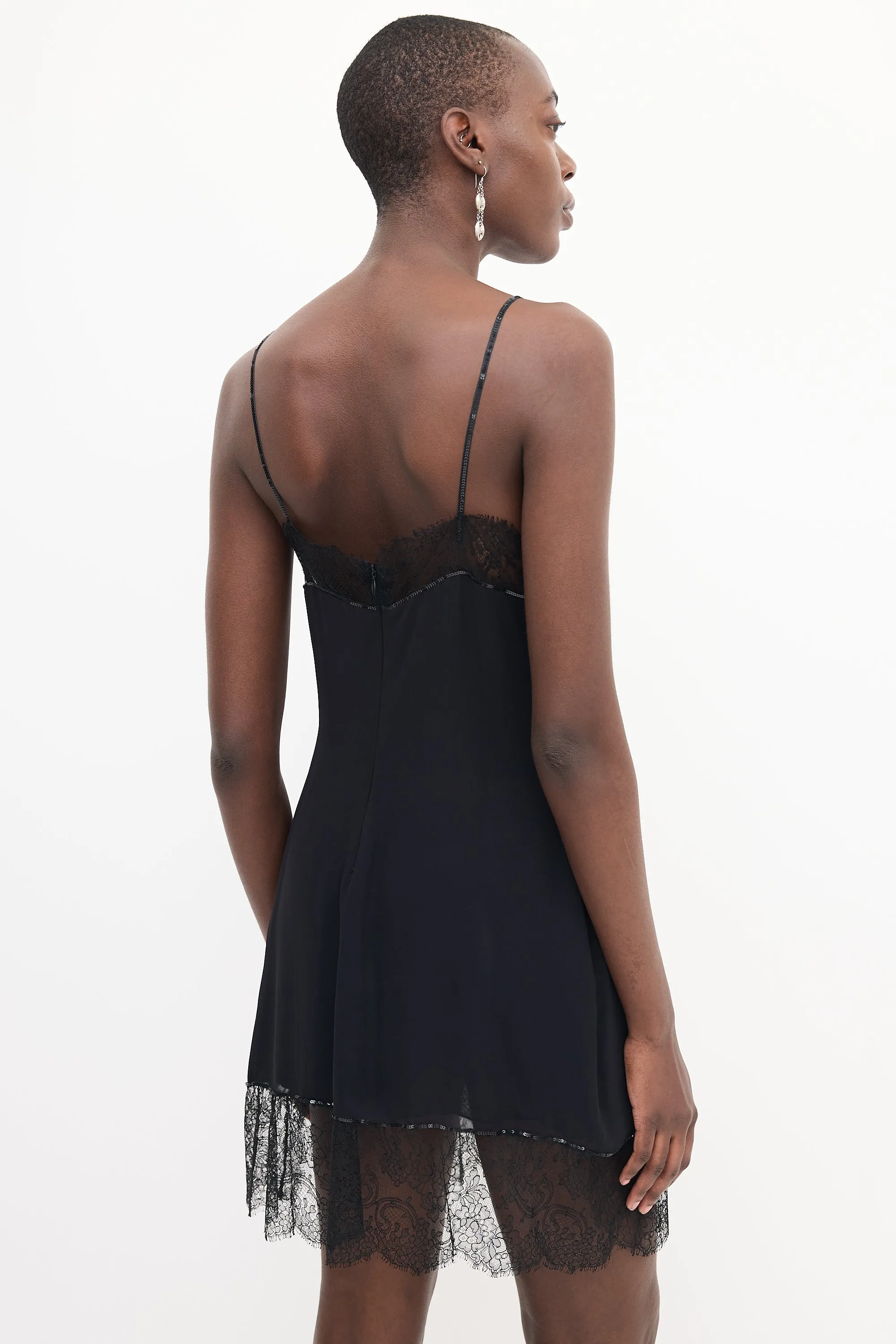 Black Lace Sequin Embellished Slip Dress