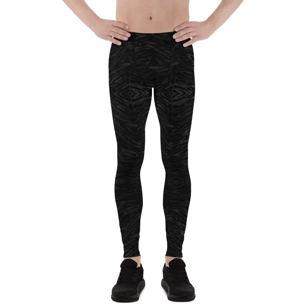 Black Tiger Stripe Men's Leggings, Animal Print Meggings Compression Tights-Made in USA/EU