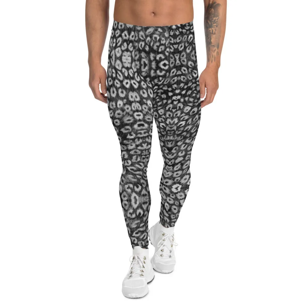 Black White Leopard Men's Leggings, Animal Print Meggings Compression Tights - Made in USA/EU