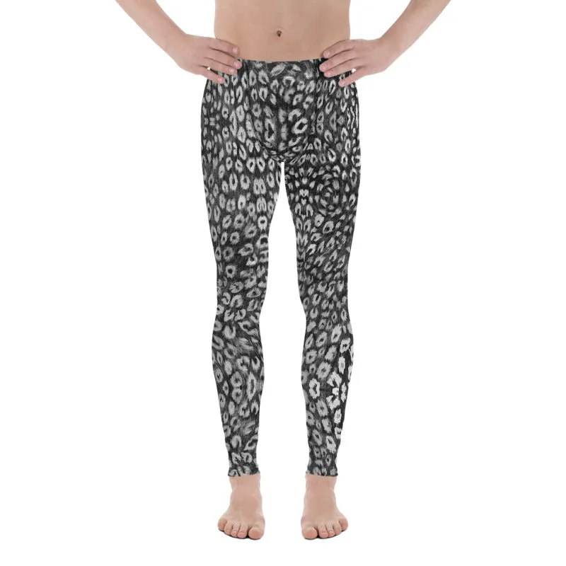 Black White Leopard Men's Leggings, Animal Print Meggings Compression Tights - Made in USA/EU