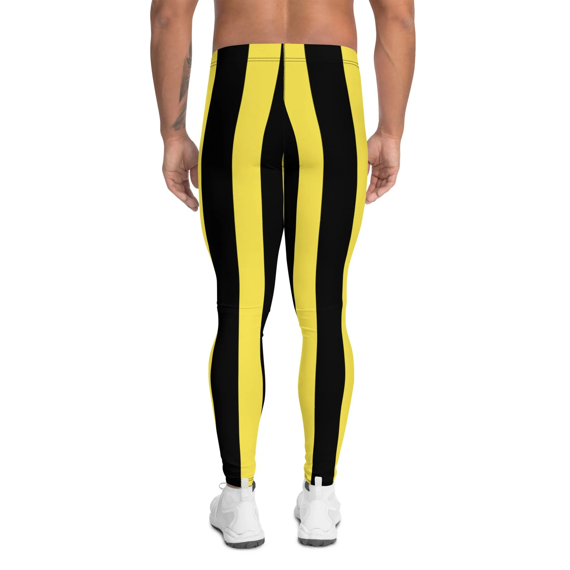 Black Yellow Stripes Men's Leggings, Colorful Patterned Designer Best Men's Leggings - Made in USA/EU/MX