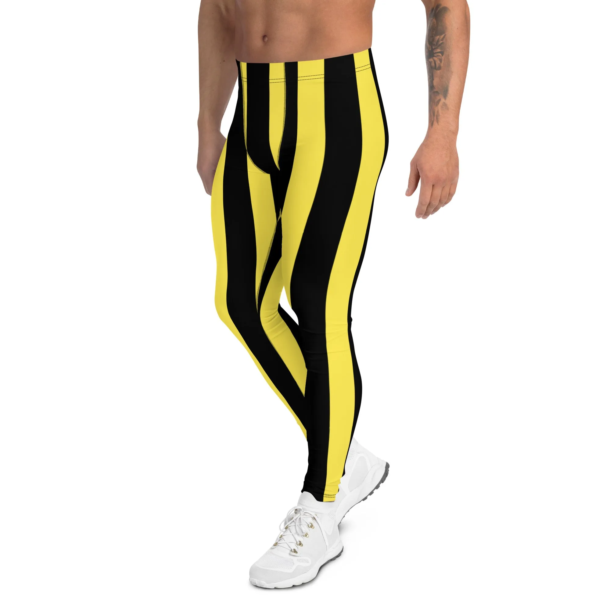 Black Yellow Stripes Men's Leggings, Colorful Patterned Designer Best Men's Leggings - Made in USA/EU/MX